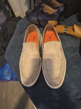 Santoni Beige Suede Slip-On Loafers with Orange Insole